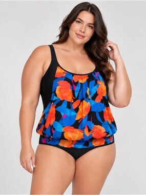Penningtons Black Blue Fooler Tankini Swimsuit Top Swim size 3X Cover-Up Resort
